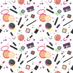 Seamless pattern with female cosmetics. Vector illustration in cartoon flat style.