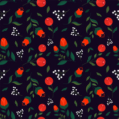Seamless pattern with ornamental flowers on a dark background.Vector illustration. Ethnicity
