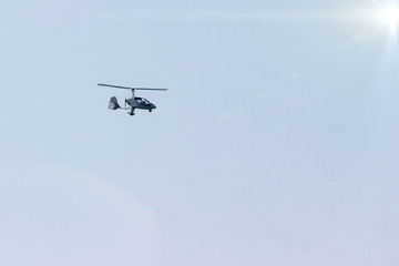 Ultralight plane flies over Pokhara and Annapurna region in Nepal. Copy space for advertising and design