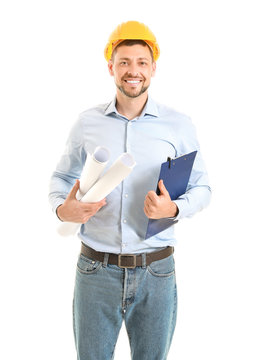 Male Engineer With Drawings On White Background