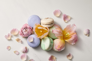 top view of assorted delicious french macaroons with floral petals on grey background