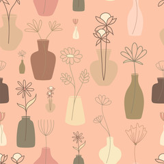 Seamless Pattern with abstract, sophisticated and dry flowers in vases