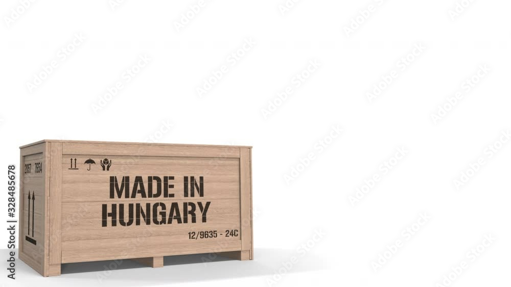 Poster crate with made in hungary text isolated on light background. hungarian industrial production relate