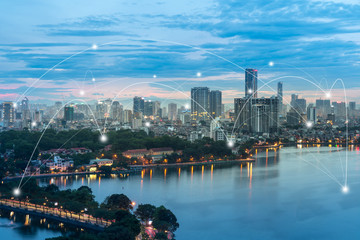 Smart city and wireless communication network concept. Digital network connection lines of Hanoi city at West Lake or Ho Tay