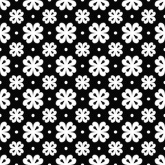 Vector seamless pattern. Geometric abstract flower, dots. Floral white elements on black background. Seamless backdrop for greeting cards, banners, prints on clothing, on fabrics, packaging design etc