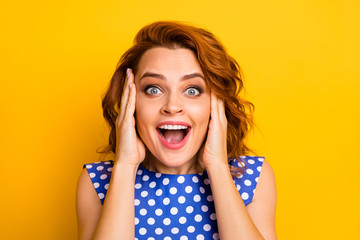 Close-up portrait of her she nice attractive lovely pretty amazed overjoyed cheerful cheery wavy-haired girl black Friday reaction isolated on bright vivid shine vibrant yellow color background