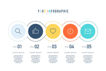 Five colorful elements, thin line pictograms, pointers and text. Infographic concept design with 5 successive steps