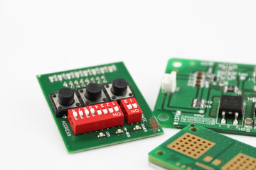 Set of electronic components isolated on white background. PCB assembly