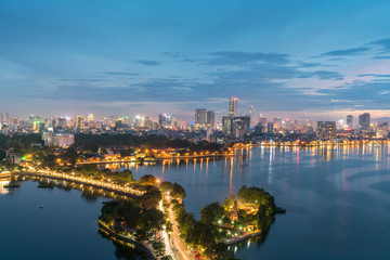 Fototapeta na wymiar Aerial view of Hanoi skyline at West Lake or Ho Tay. Hanoi cityscape at twilight