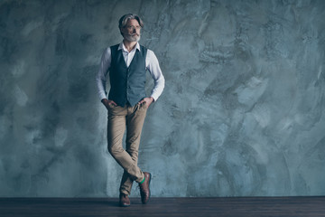 Full body photo of macho senior business man neat beard hairdo seriously look side empty space...