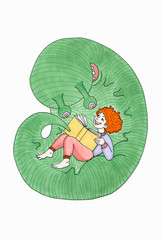 Illustration of a funny fantastic creature with a child who is reading a book.
