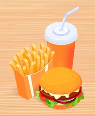 Vector illustration of isometric food - burger, French fries and cola on wooden table