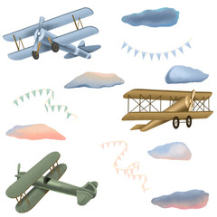 Collection of retro airplanes, clouds and festive garlands, hand drawn isolated on a white background - 328487475