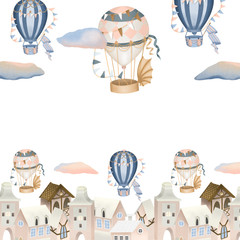 Hand drawn town and retro hot air balloons illustration, background for greeting card template
