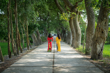 Vietnamese women in traditional dress (Ao Dai) walking on the rural road among trees