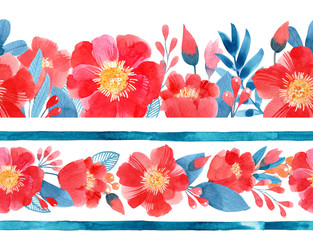 Floral seamless border in watercolor. Set with seamless border. Illustration on a white background.