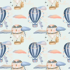 Tapeten Nahtloses Muster mit handgezeichneten festlichen Retro-Heißluftballons am Himmel in Rosa- und Blautönen auf blauem Hintergrund © nastyasklyarova