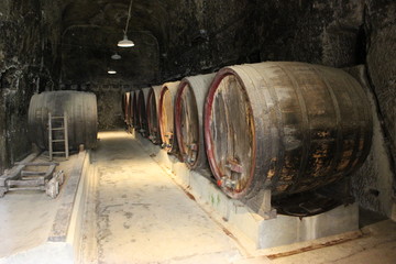Vieux tonneaux de vin dans une cave du Val de Loire