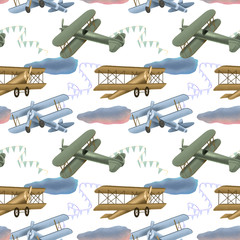 Seamless pattern with hand drawn festive retro airplanes in the sky, hand drawn on a white background