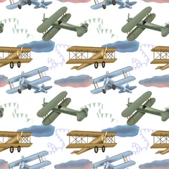 Wall murals Military pattern Seamless pattern with hand drawn festive retro airplanes in the sky, hand drawn on a white background