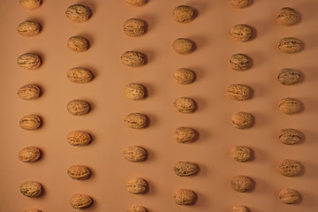 Walnuts on a beige background, flat lay