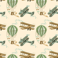 Seamless pattern with hand drawn festive hot air balloons and retro airplanes on a beige background