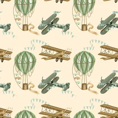 Fototapete Militärisches Muster Nahtloses Muster mit handgezeichneten festlichen Heißluftballons und Retro-Flugzeugen auf beigem Hintergrund