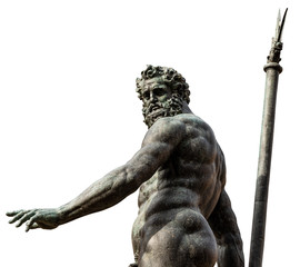 Bronze statue of Neptune isolated in white background (1566), Roman God, fountain in Piazza del Nettuno, Bologna, Emilia-Romagna, Italy, Europe. Artist Giambologna (1529-1608)