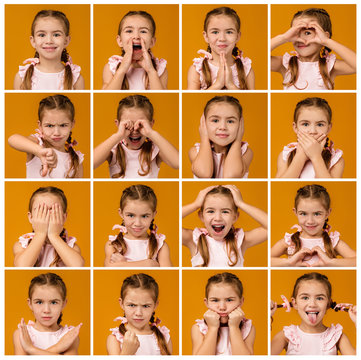 collage of portraits of little girl with different emotions on yellow background. Human emotions and facial expression