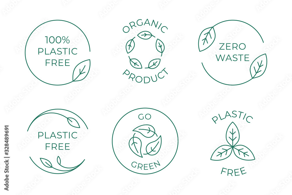 Aufkleber vector icon and logo design template in simple linear style - 100 % plastic free emblem for packagin