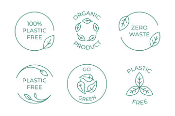 Vector icon and logo design template in simple linear style - 100 % plastic free emblem for packaging eco-friendly and organic products
