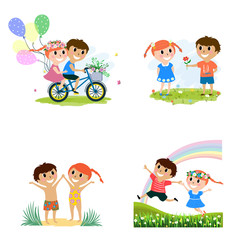 Naklejka premium Set of cute cartoon boy and girl on white background. Children cartoon characters. Childhood, love and romance. Flat vector illustration