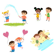 Fototapeta premium Set of cute cartoon boy and girl on white background. Children cartoon characters. Childhood, love and romance. Flat vector illustration