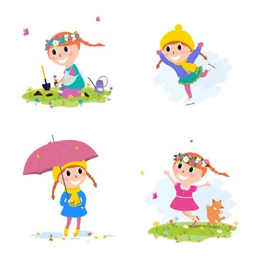 Set of cute little girl different seasons. Vector cards, printable,Notes, Stickers, Labels, Congratulations, Invitations.
