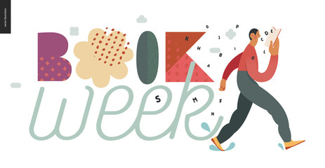 World Book Day graphics -book week events. Modern flat vector concept illustrations of reading people -a brunette man walking, reading a book, letters dropping out. Big lettering Book week