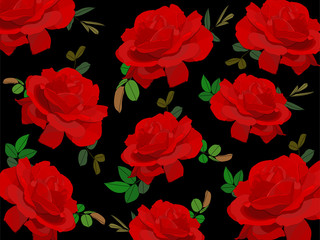 Flower background with red roses on black in hand drawing style.