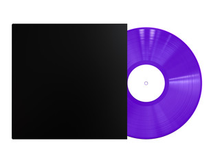 Purple Vinyl Disc Record with Black Sleeve Cover and White Label. Colored LP Vinyl for Turntable. 3D Render Mock Up Isolated on White Background.