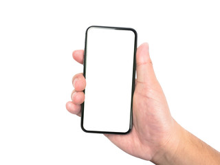 men hand holding blank screen smartphone isolated on white background with clipping path