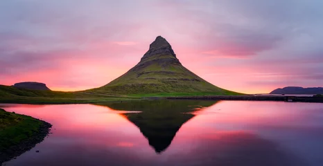 Printed roller blinds Kirkjufell Picturesque panoramical landscape with Kirkjufell mountain, clear lake and cloudscape in sunset sky
