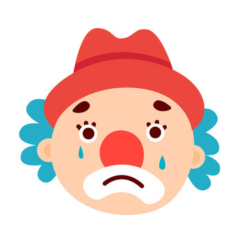 Cartoon doodle emotional clown head with hat, vector illustration.