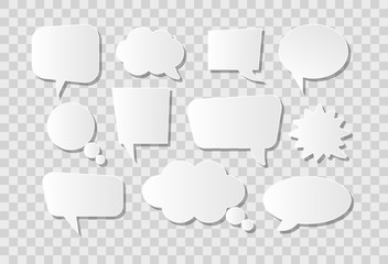 Paper white bubbles on transparent background. Blank speech bubbles for text. 