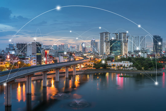 Smart city and wireless communication network concept. Digital network connection lines of Hanoi at Hoang Cau lake