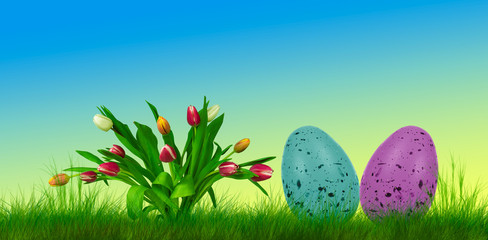 Colorful easter eggs on grass and colorful background