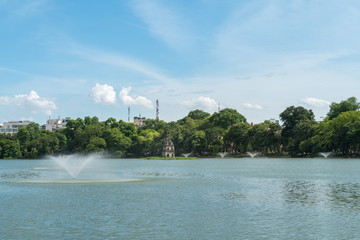 Hoan Kiem lake or Sword lake, Ho Guom in Hanoi, Vietnam with Turtle Tower