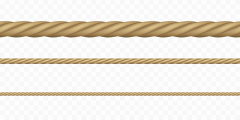 Rope set isolated on transparent background. Vector realistic texture string, jute, thread and cord pattern..