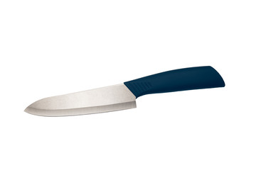 Ceramic knife with classic blue color handle isolated on white background