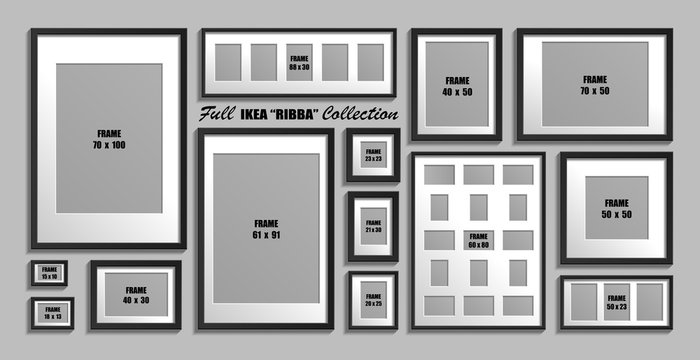 Full collection of IKEA Ribba photo frames. Real sizes. Vector set of black picture frames with white passepartout.