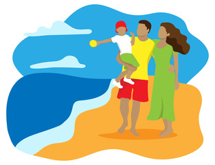 Family of mom, dad and little son on the sea shore. Flat design