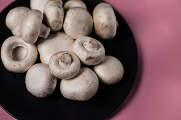 Porcini mushrooms in a black plate on a colored background