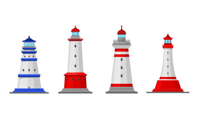 High Lighthouses Isolated on White Background Vector Set